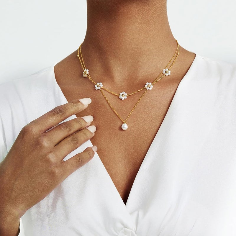 Partm Pearl Necklace for Women Trendy 14K Gold Plated Dainty Pearl Pendant Choker Set Handmade Pearl Gold Necklace Non Tarnish Simple Cute Jewelry Gifts for Women - Image 2